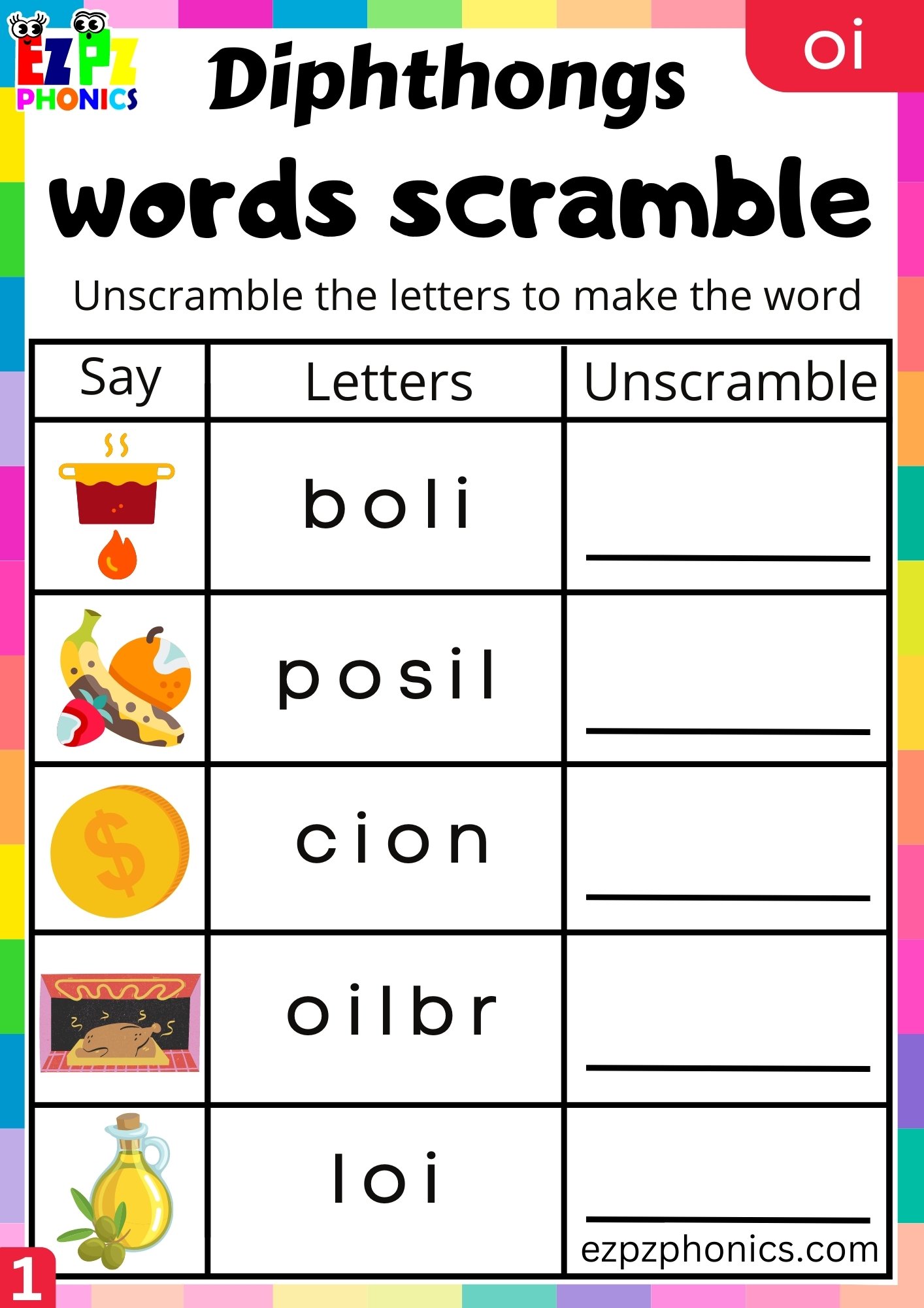 oi Diphthong Word Scramble Worksheet PDF Download